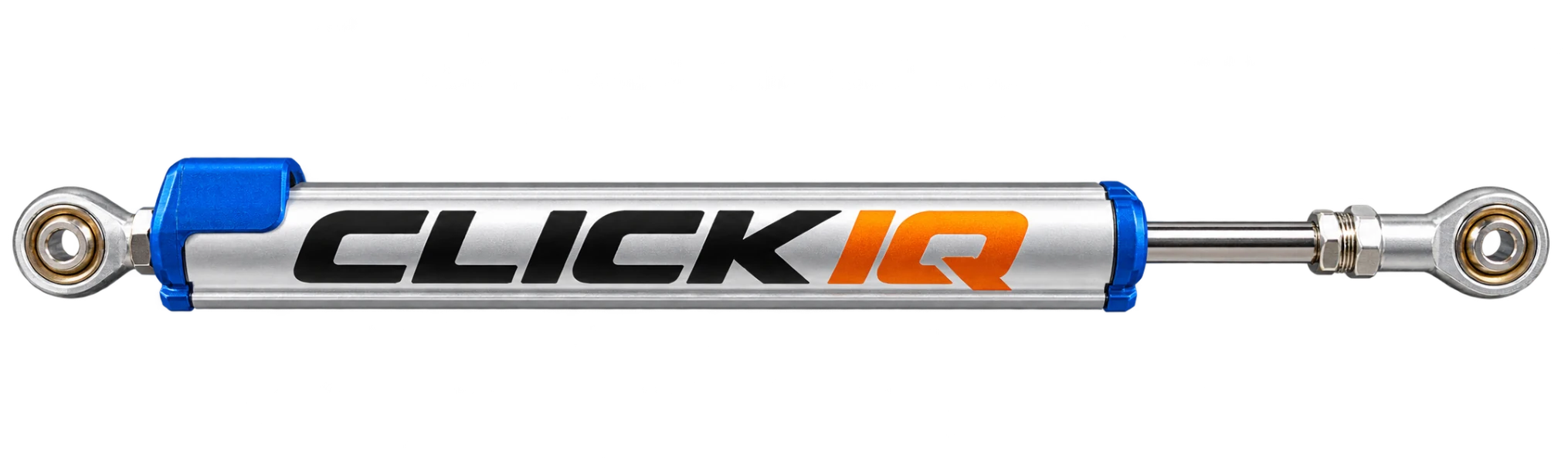 ClickIQ-branded linear-position suspension sensor with silver body, blue end caps, extending steel rod and mounting eyelets.